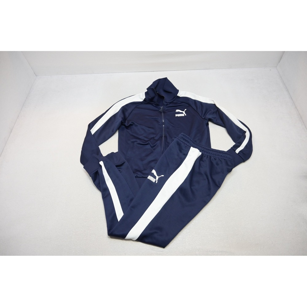 Puma Track Suit Mens Medium Navy Blue White Stripe Zip Jacket Joggers Excellent